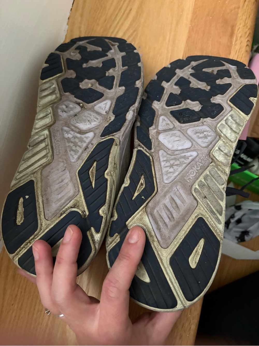 Hoka Neutral Beige Running Sneakers with Navy Trim - Picture 3 of 5